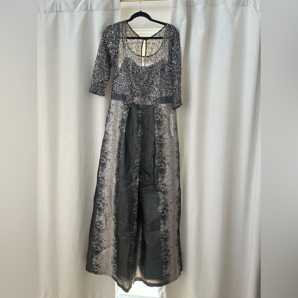 NWT Kay Unger formal dress silver black smoke color with sequins size 12